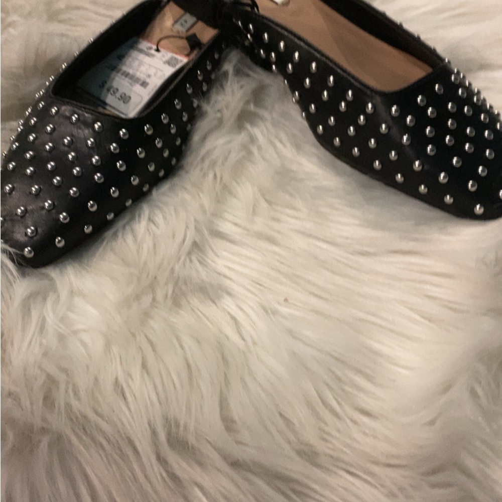 Zara Black Studded Ballet Flats with Leather  Finish